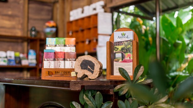 A wooden counter with a display of packaged goods, a wooden sign, and a large plant in the foreground. - Hotel Arenal Palace (La Fortuna)