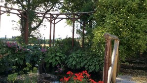 A garden with a wooden pergola, a small pond, and various plants and flowers. - Westacre Lodge Self Catering Chalet (Crieff)