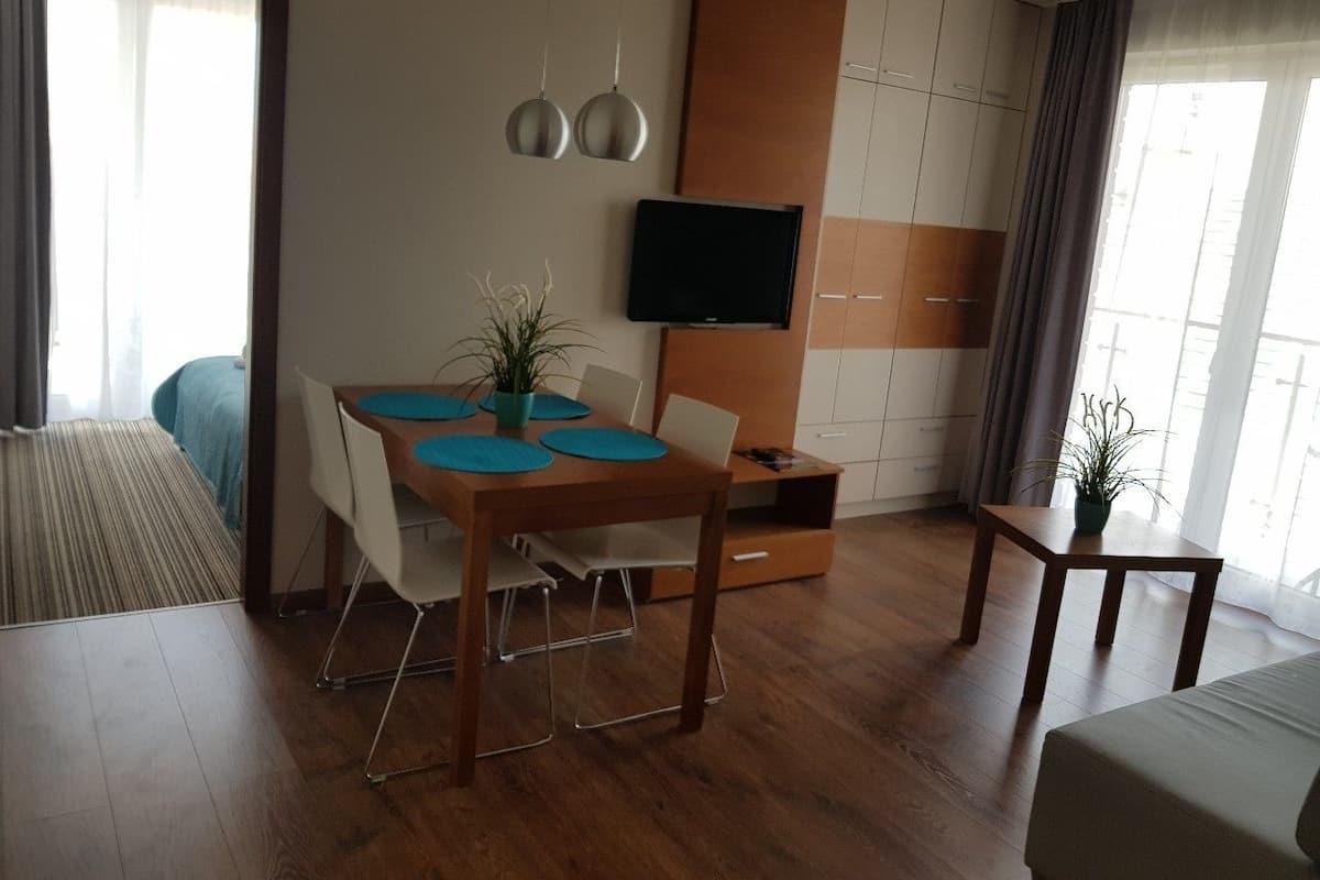 Ein modernes Hotelzimmer mit einem Holzespeisetisch, Stühlen, einem flachbildfernseher an der Wand und einem kleinen Beistelltisch mit einer Pflanze.
