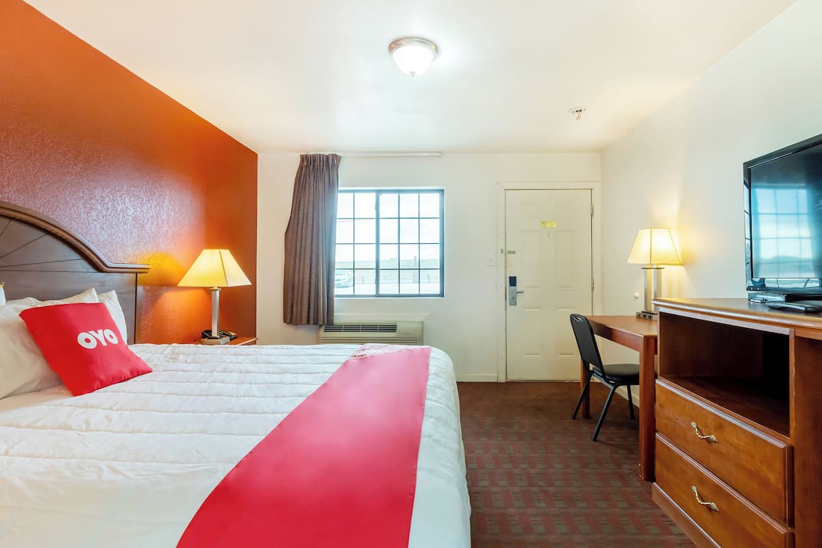Une chambre d’hôtel avec un lit, un bureau, une télévision et une porte.