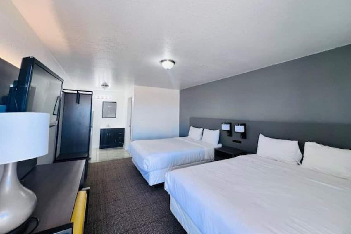 Une chambre d’hôtel avec deux lits, un bureau, une chaise, une lampe, une télévision et une armoire.