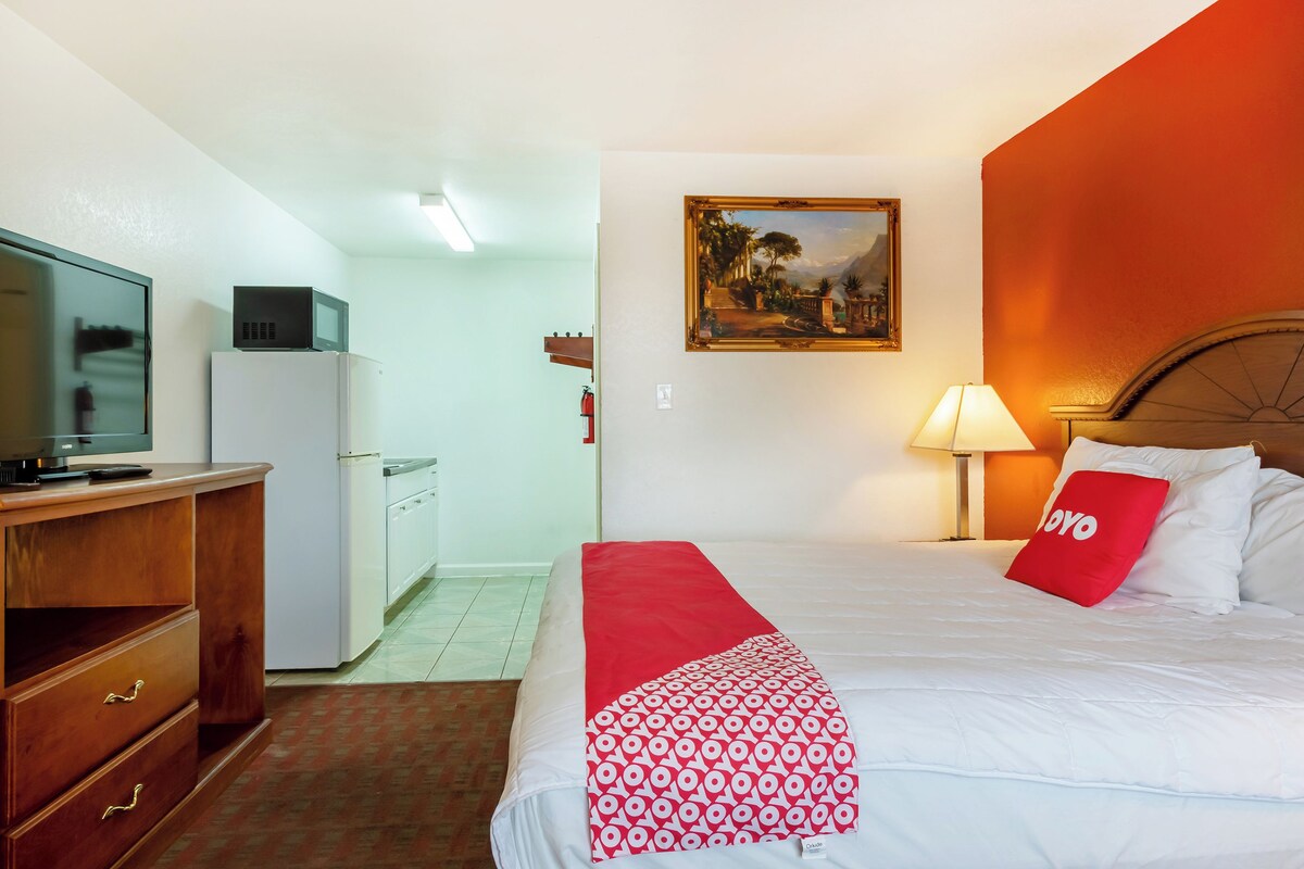 Habitación de hotel con cama, escritorio con televisor, refrigerador, un cuadro en la pared y una lámpara.