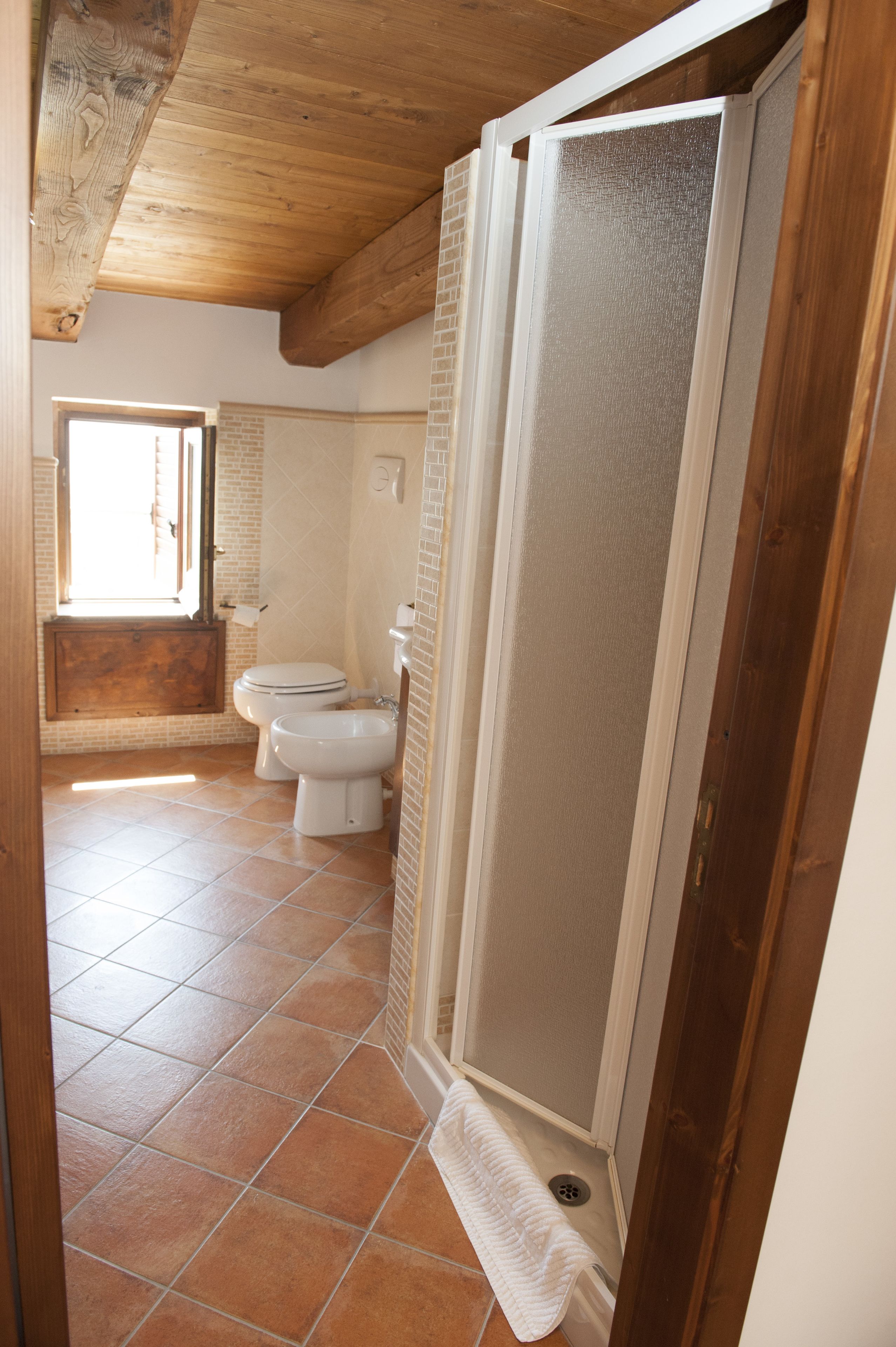 A bathroom with a wooden ceiling, a toilet, and a shower area.