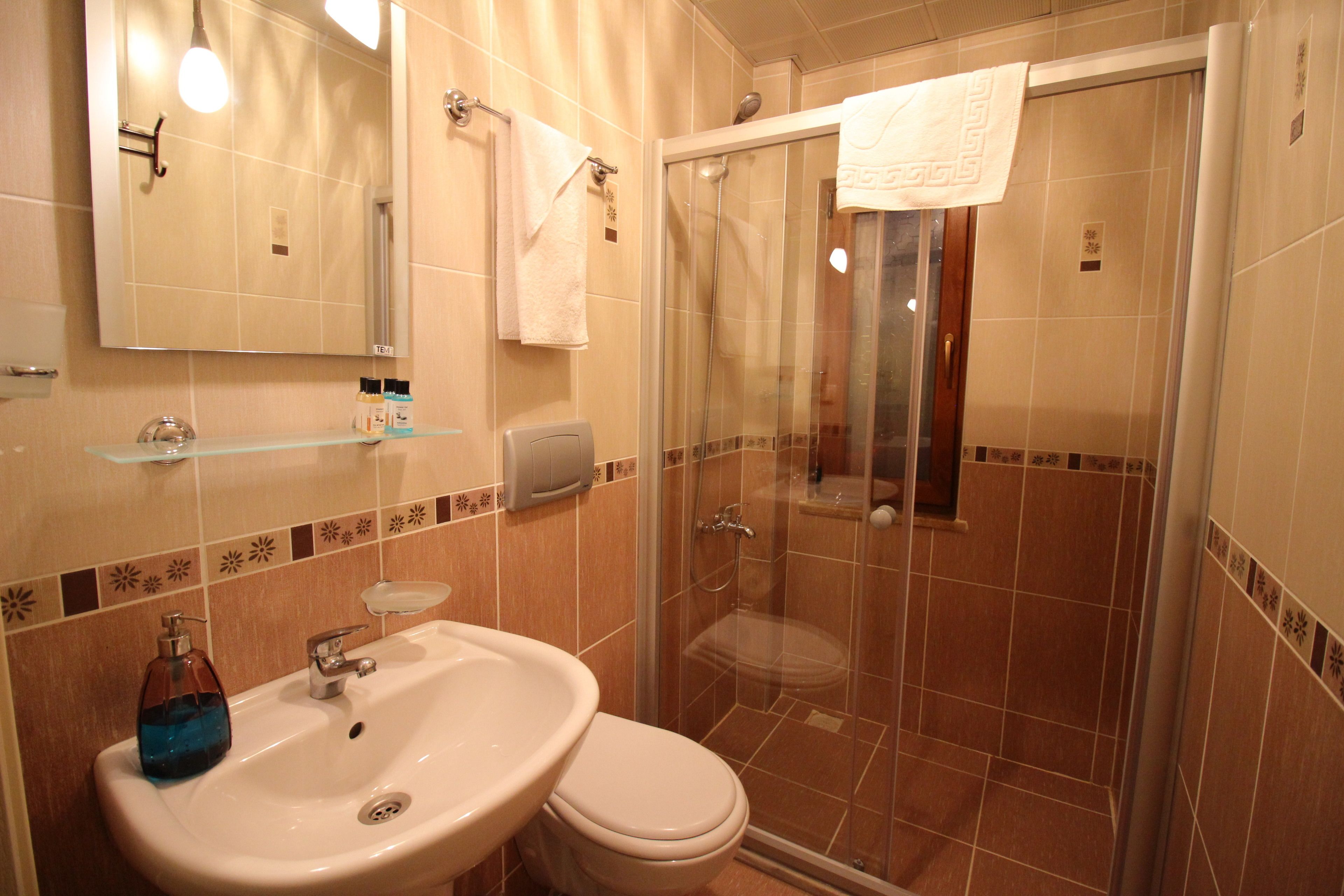 economy room | bathroom | shower, free toiletries, hair dryer, slippers