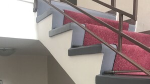 Een trap met metalen leuningen en treden bekleed met rode vloerbedekking.