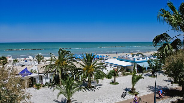 Un hôtel situé en bord de mer, doté d’une piscine, de palmiers et offrant une vue sur l’océan.