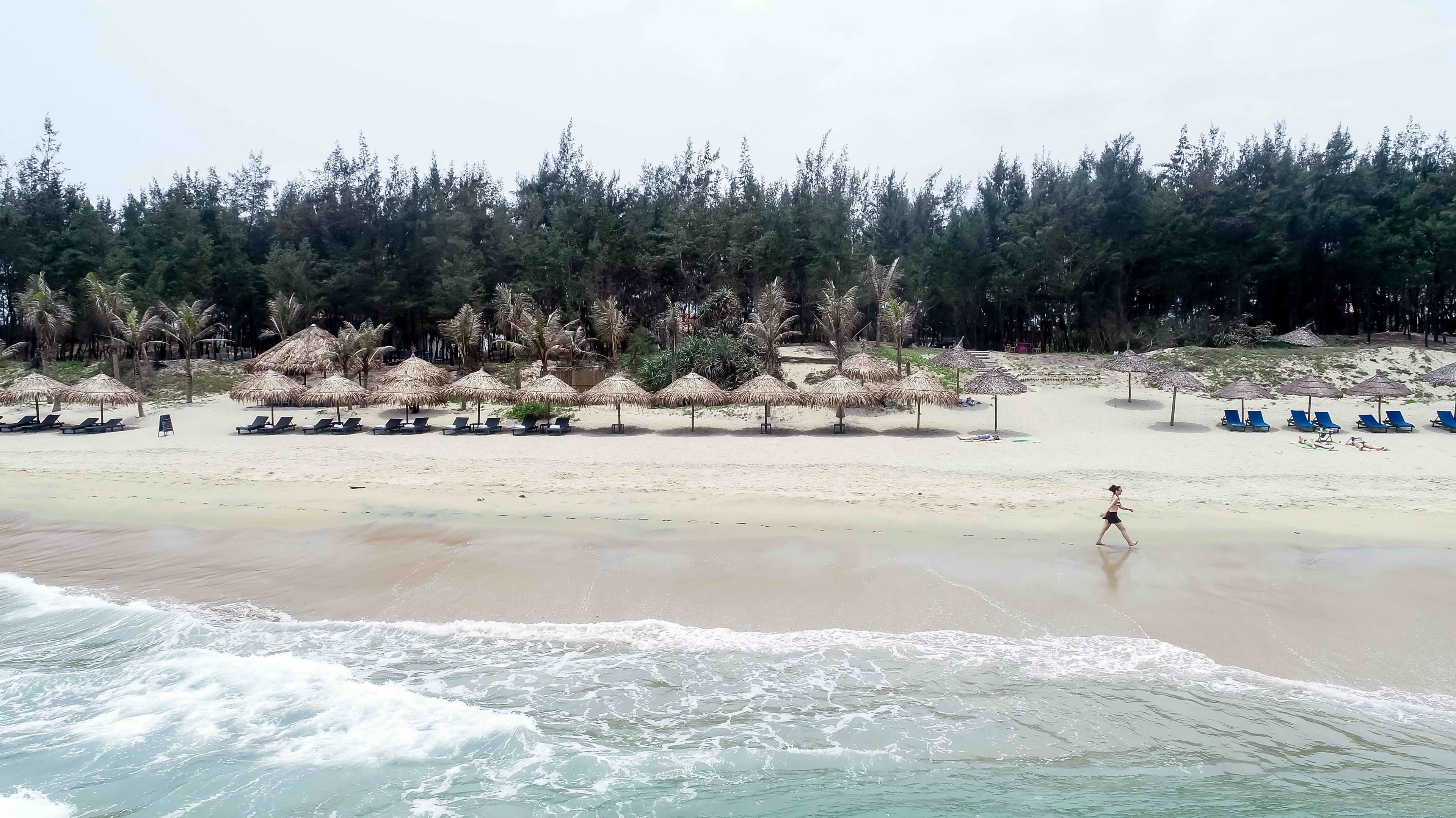 Ein Strand mit Reetdachschirmen und Liegestühlen, ein sandiger Uferstreifen und ein bewaldeter Hintergrund.