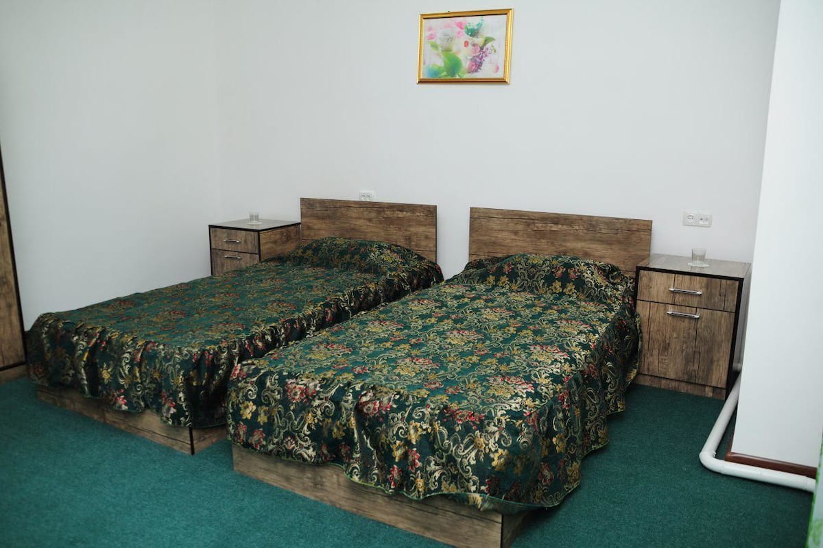 A room with two single beds with wooden headboards, a small bedside table with a lamp, and a framed picture on the wall.