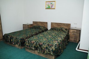 Una habitació amb dos llits individuals, amb capçals de fusta, una petita taula de nit amb una làmpada i un quadre al mur.