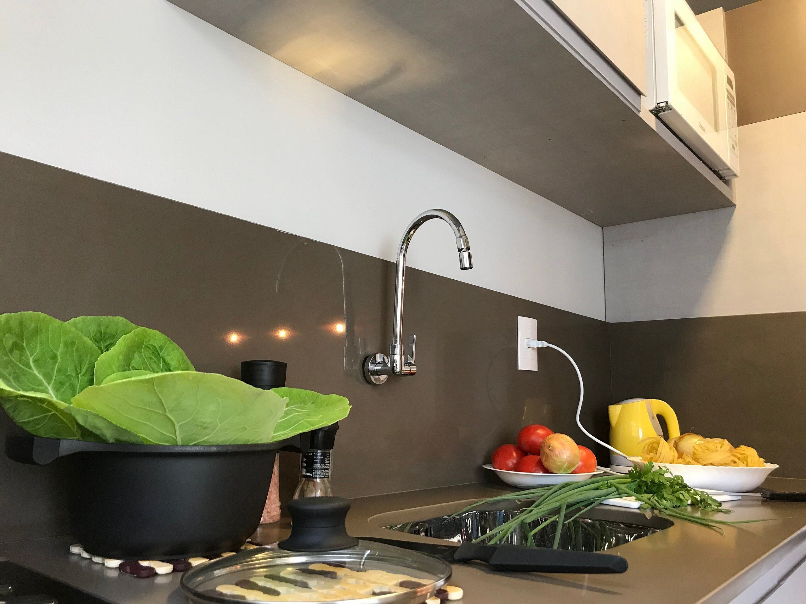 A modern kitchen with a built-in stove, a sink with a faucet, and a potted plant.