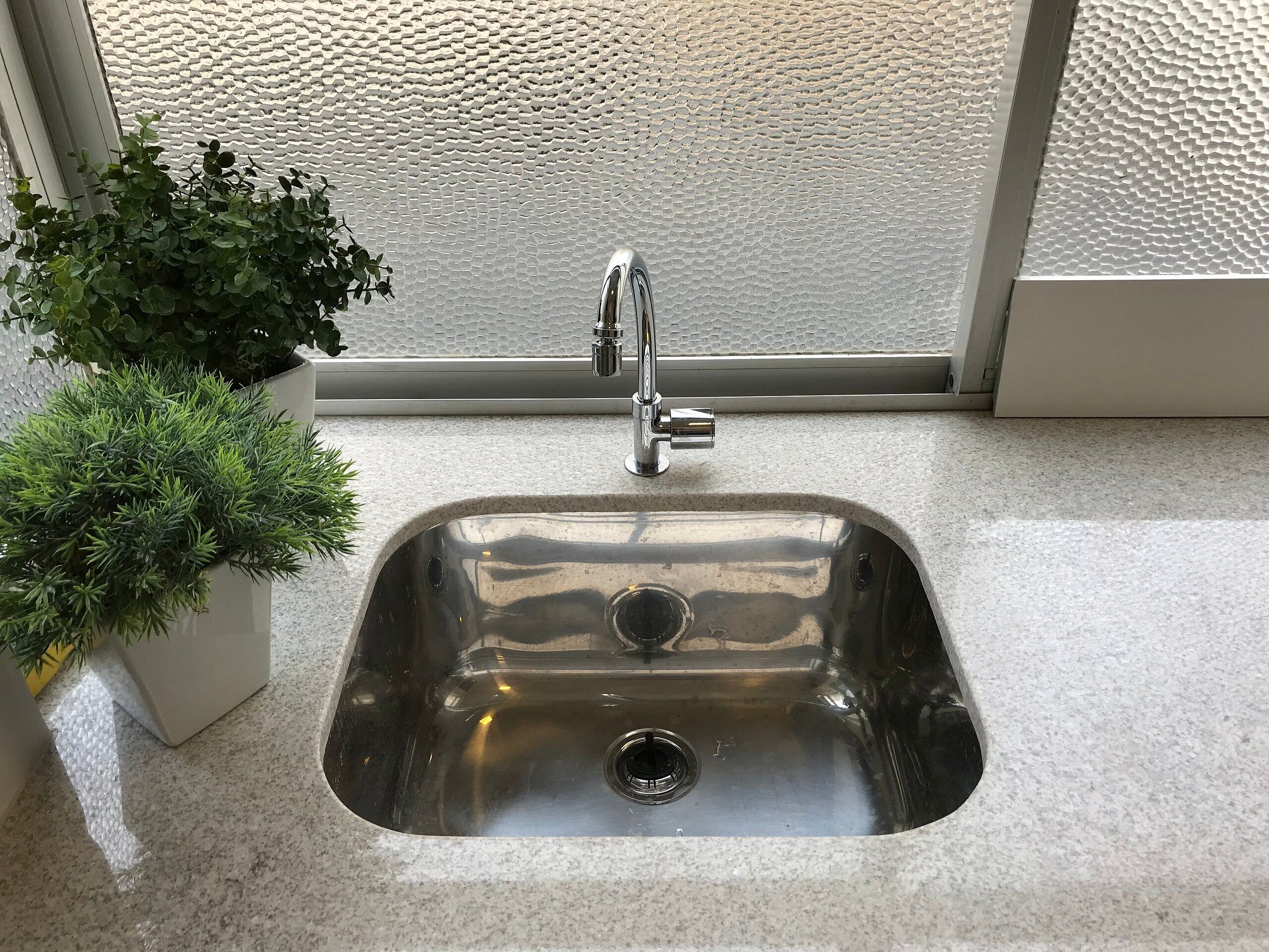 A stainless steel sink with a modern faucet, a potted plant beside it, and a textured wall in the background.