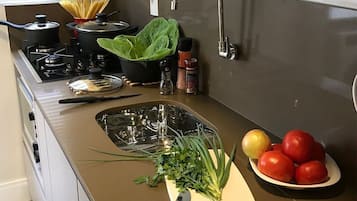 City appartement, 2 slaapkamers | Privékeuken | Een koelkast, een magnetron, een kookplaat, een waterkoker