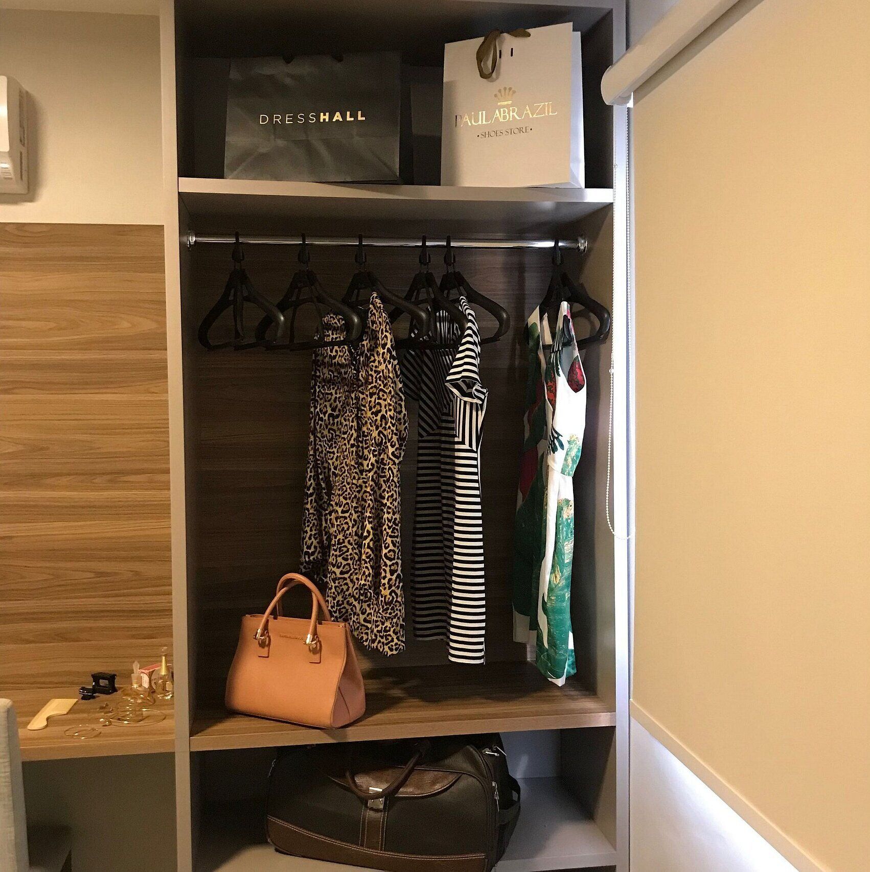 A closet with hanging clothes, a handbag, and two shopping bags.