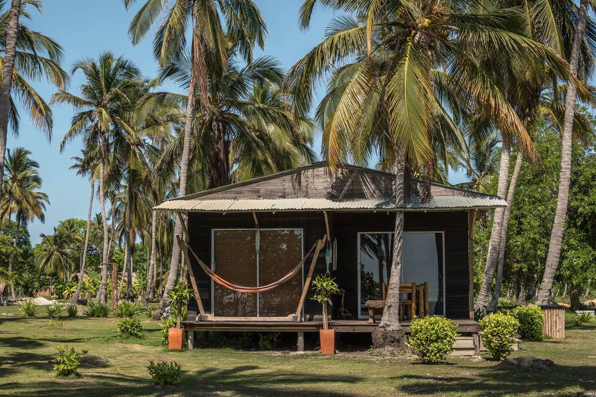 A small, rustic wooden house with a hammock on the porch, surrounded by palm trees.
