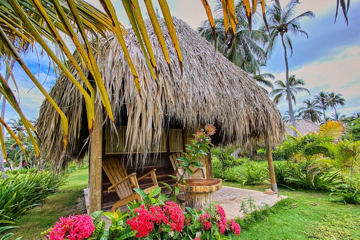A thatched-roof hut with wooden furniture and a garden with pink flowers.