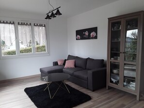 A modern living room with a grey sofa, black rug, and a cabinet with glass doors.