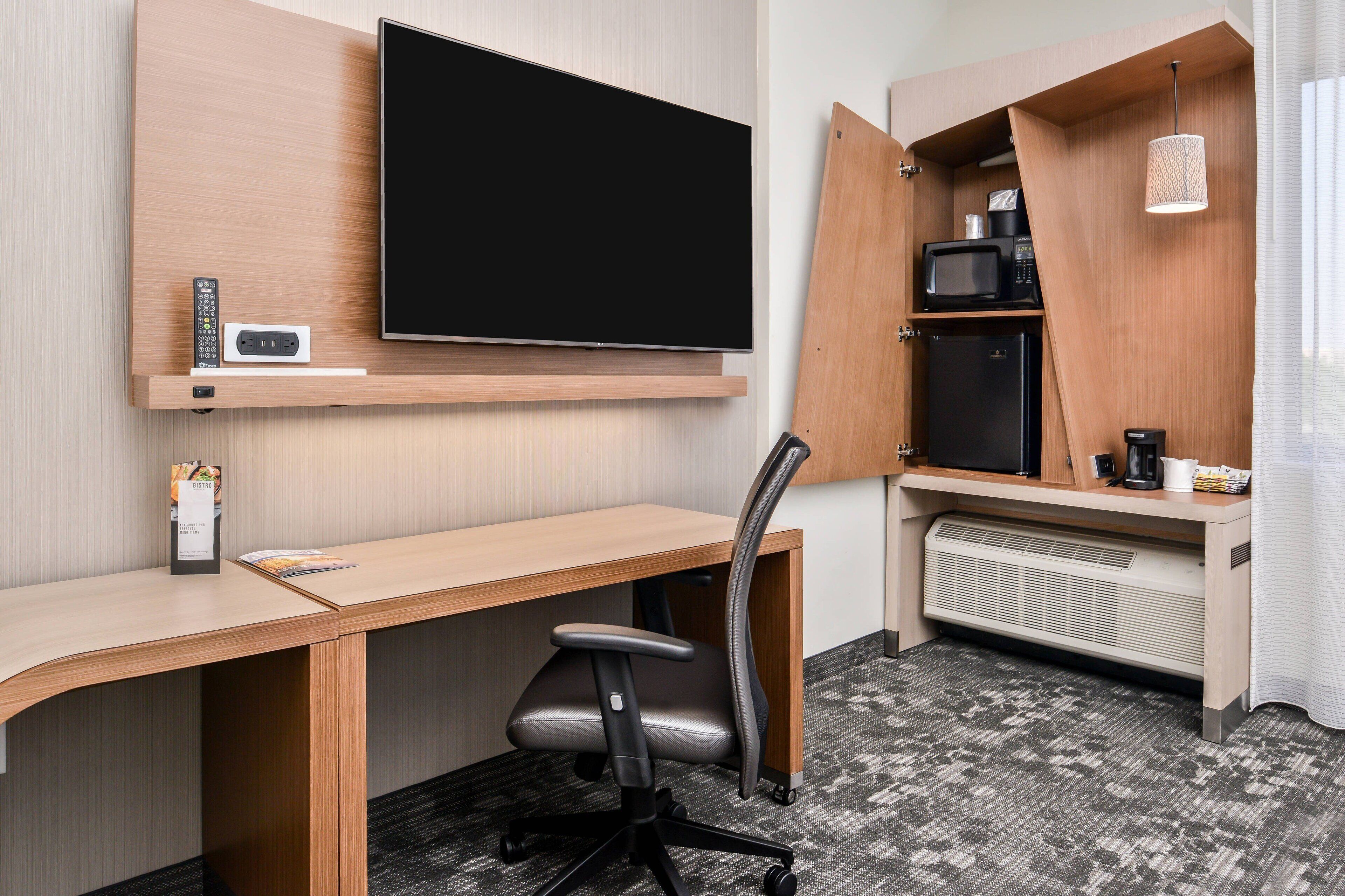 premium bedding, desk, laptop workspace, blackout curtains