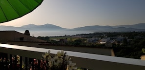 A balcony with a view of a coastal city, mountains in the distance, and a flower arrangement in the foreground.