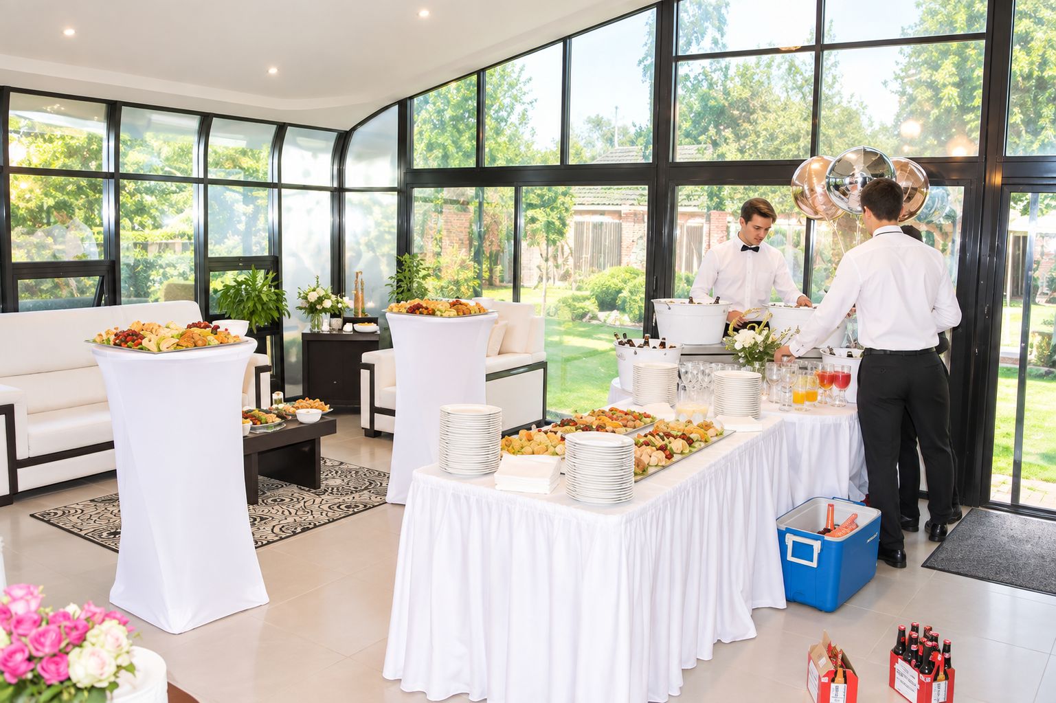A modern indoor setting with a buffet table, white furniture, and large windows offering a view of greenery.