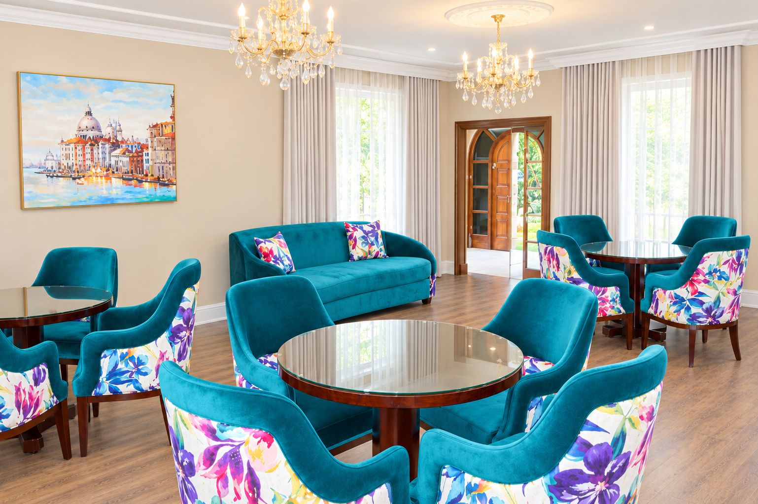 A hotel room with a large sofa, matching armchairs, a round glass table, and a chandelier.