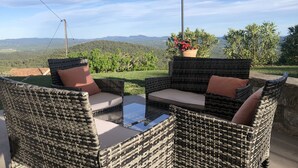 Un espacio de descanso al aire libre con muebles de mimbre, una mesa de vidrio, una planta en maceta con flores rojas y vistas a colinas distantes.