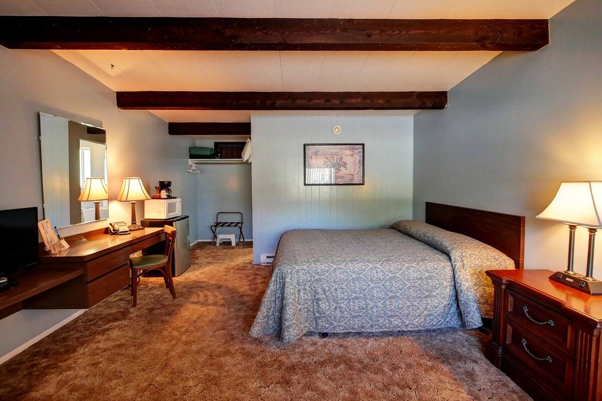 A bedroom with a bed, bedside table, lamp, desk, chair, and a television.