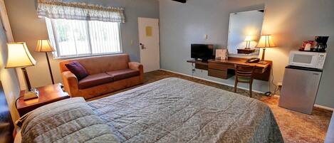 Desk, laptop workspace, WiFi, bed sheets