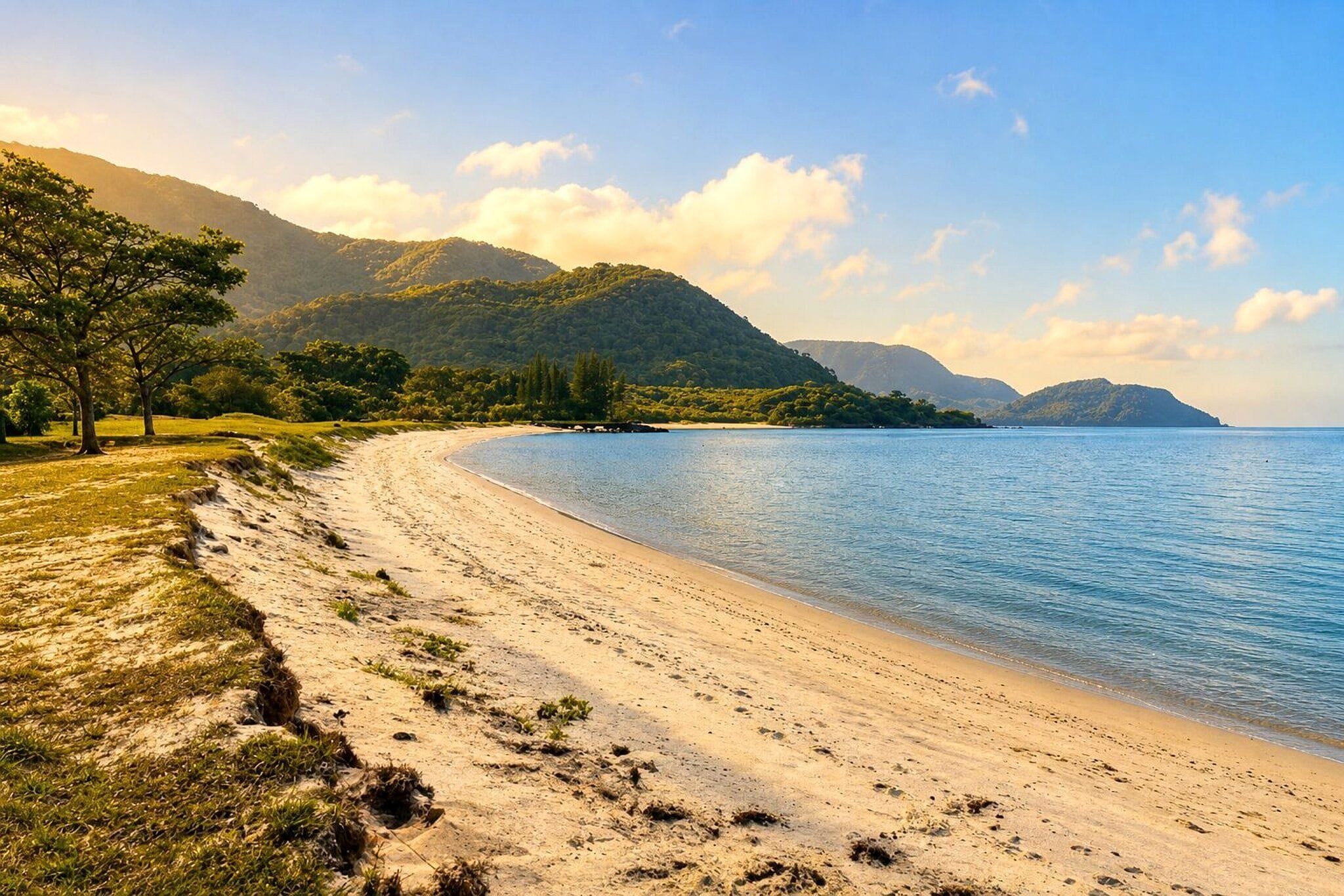 Uma praia com areal dourado, árvores e montanhas ao fundo.