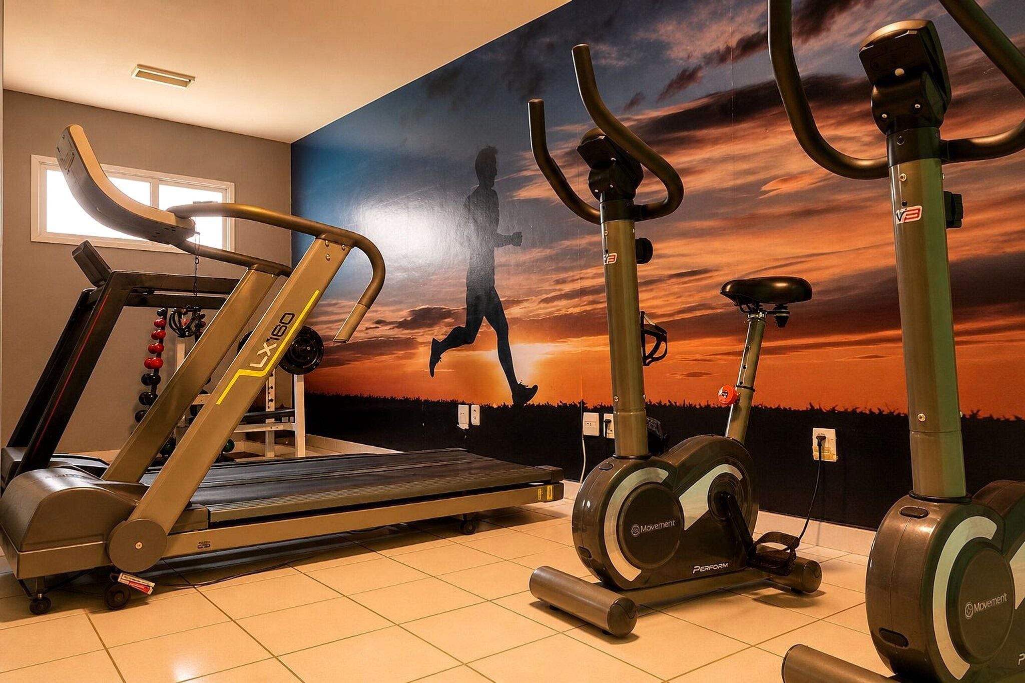 Academia com esteiras, elípticos e bicicletas ergométricas, com um mural de pôr do sol na parede.