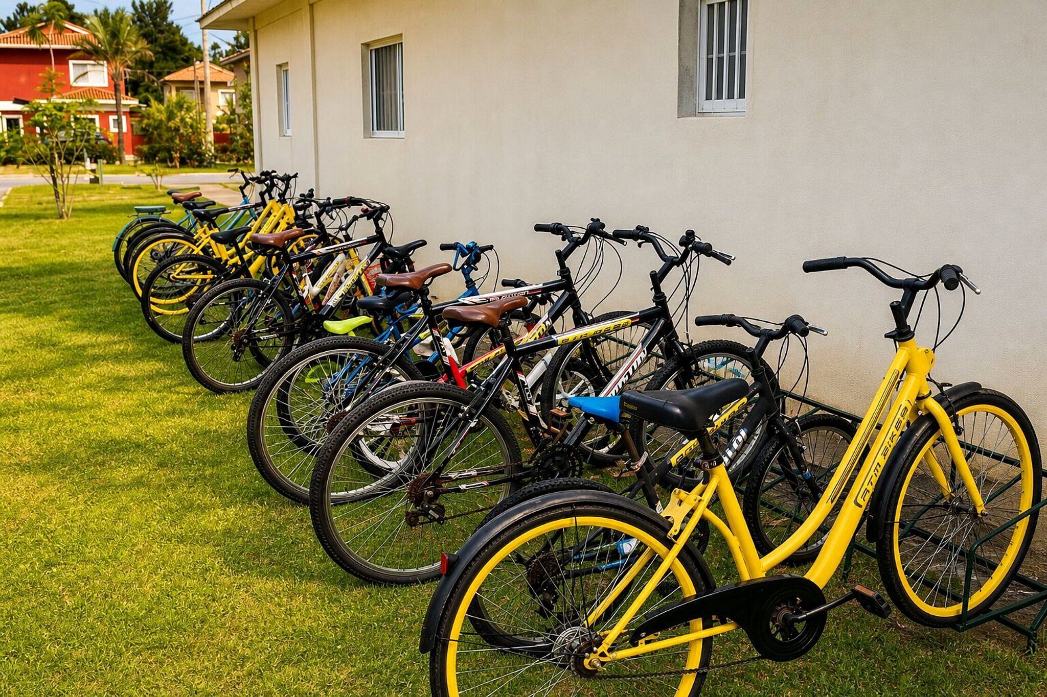 Varias bicicletas están estacionadas frente a un edificio con un área verde.