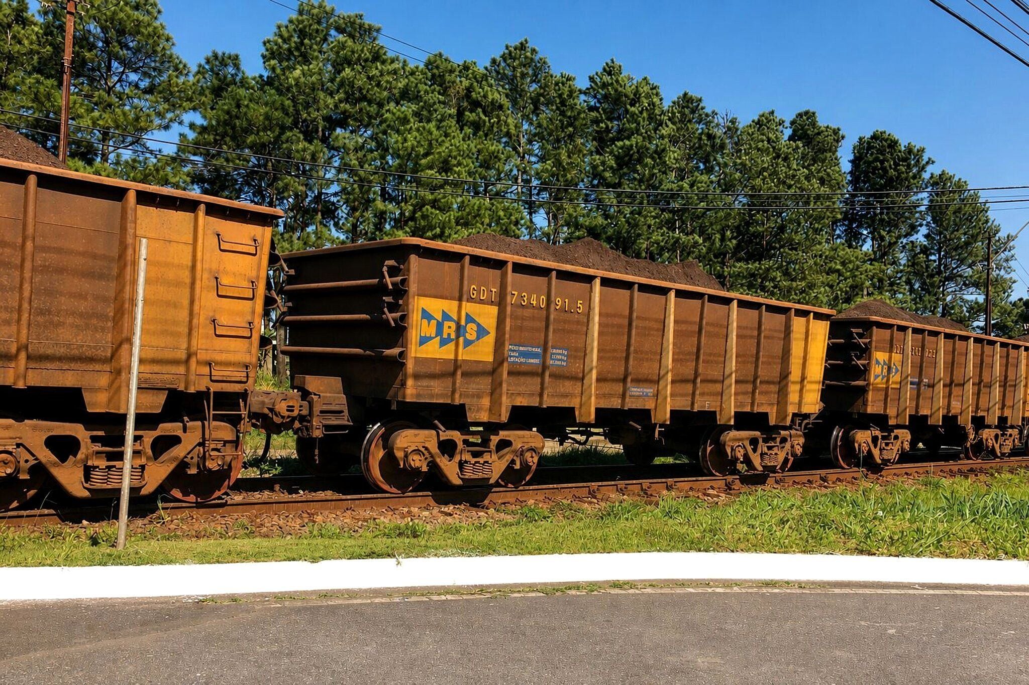 Um trem de carga com vagões em trilhos, cercado por vegetação e céu claro.