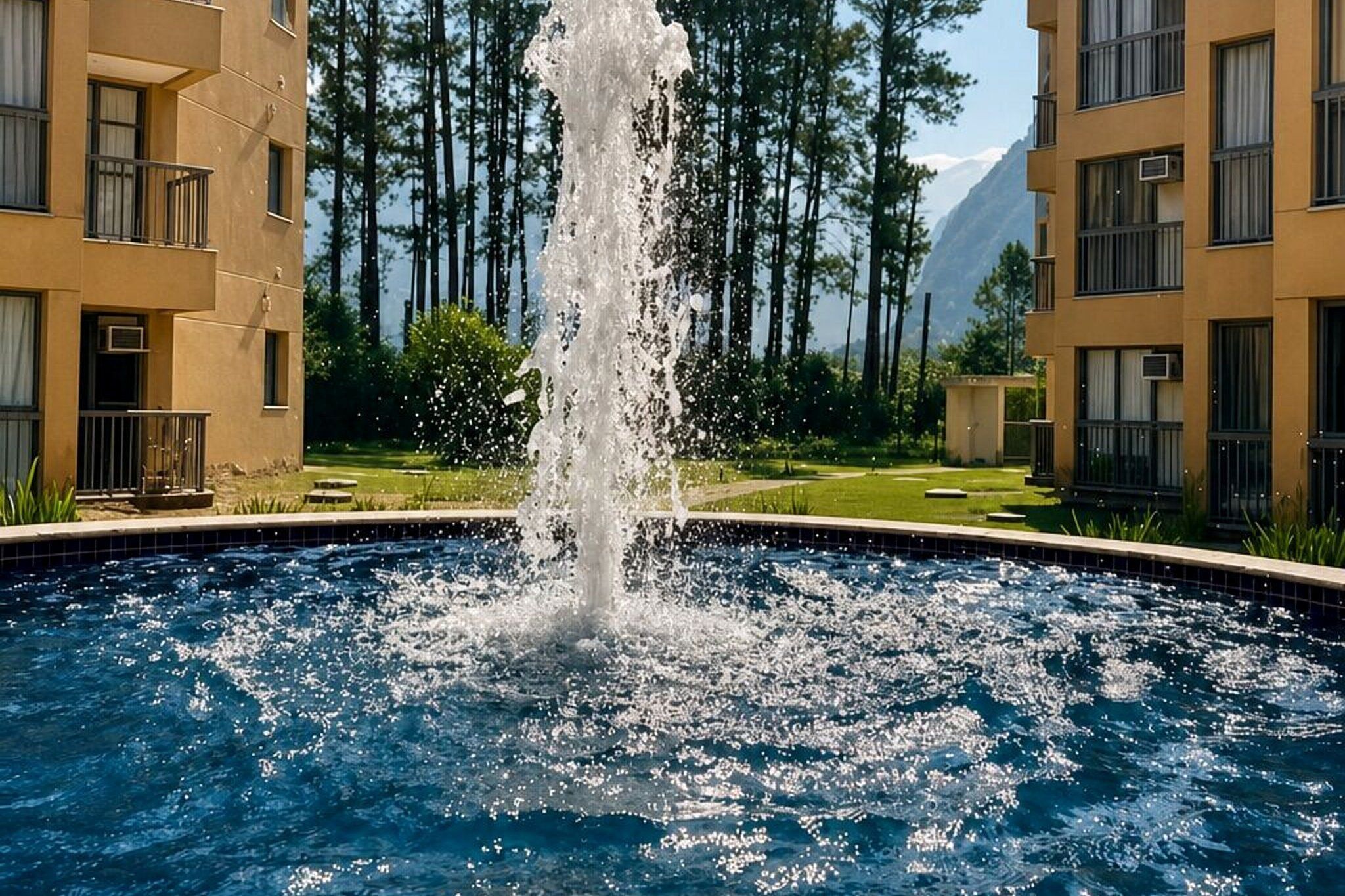 Piscina com uma fonte de água no centro, rodeada por um jardim arborizado e uma montanha ao fundo.