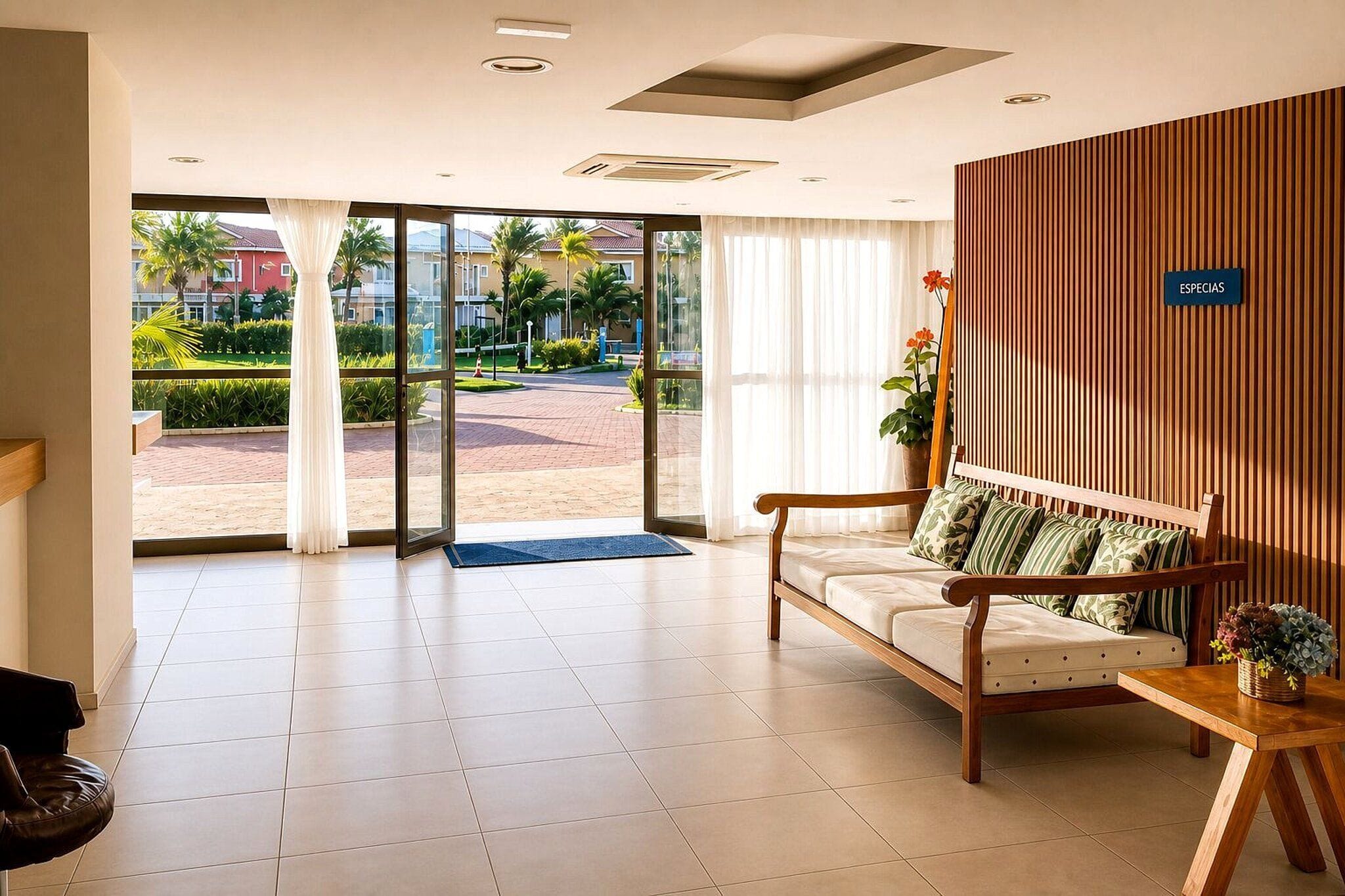 Um saguão de hotel com balcão de recepção de madeira, um sofá com almofadas estampadas e uma grande porta de vidro que dá para área externa com vista para palmeiras e prédios.