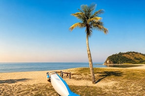 Una playa con una palmera, una pequeña construcción de madera y un bote.