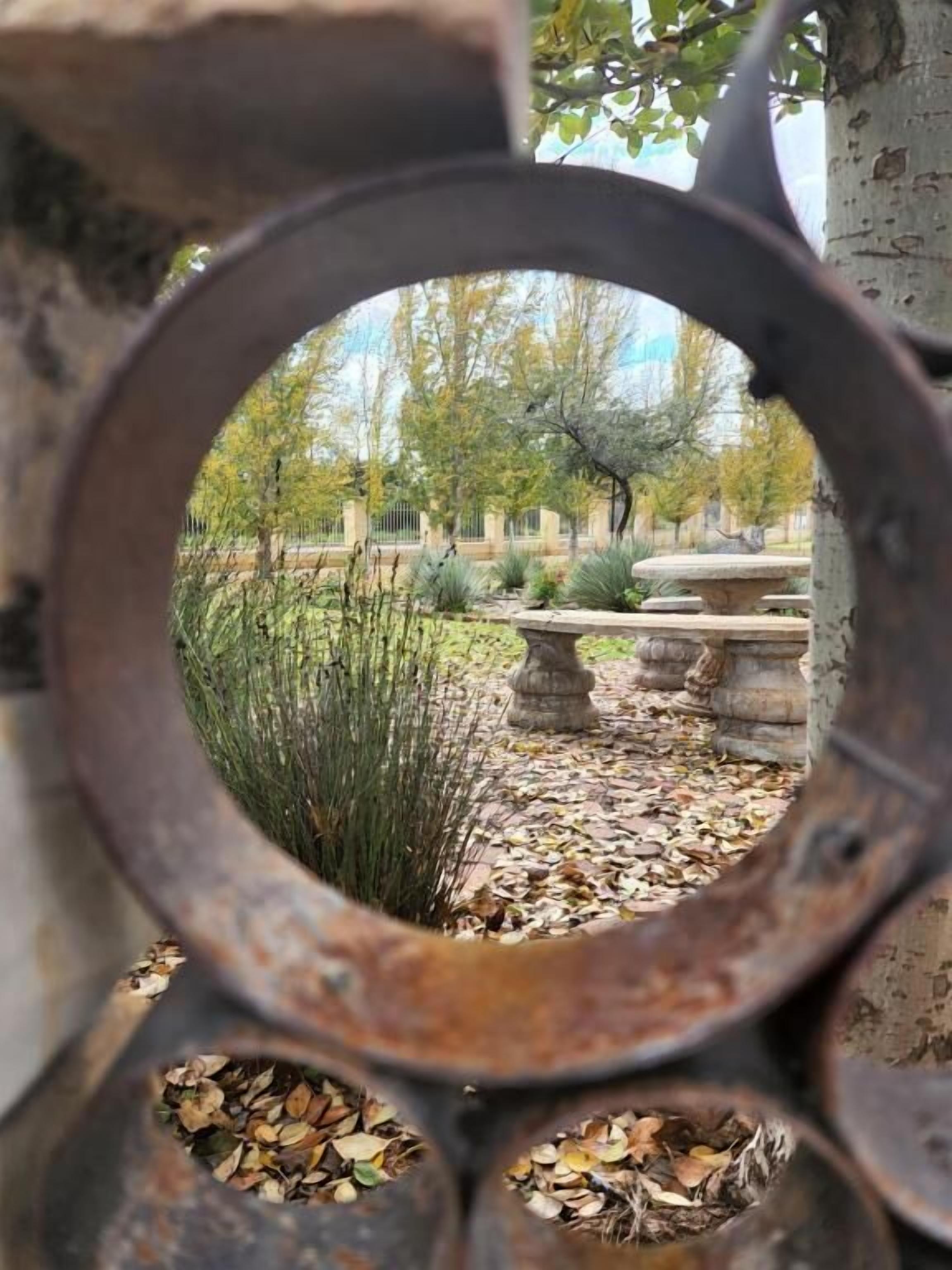 A circular metal frame with a view of a garden through it.