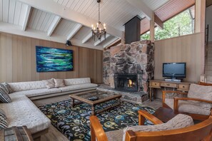 Televisión, chimenea y reproductor de DVD 