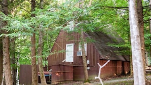 A rustic wooden cabin surrounded by trees. - Reel Simple - Pet Friendly with Hot Tub (Summersville)