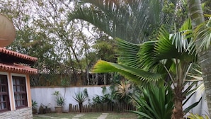 Ein Garten mit einem Kiesweg, einem kleinen Haus und verschiedenen tropischen Pflanzen.