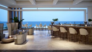A modern bar area with a view of the ocean, featuring bar stools, a bar counter, and seating with a view. - Mayia Exclusive Resort & Spa - Adults Only - All Inclusive (Rhodes)