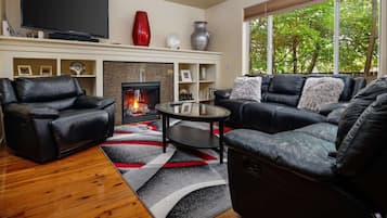 Televisión, chimenea y monitor de computadora