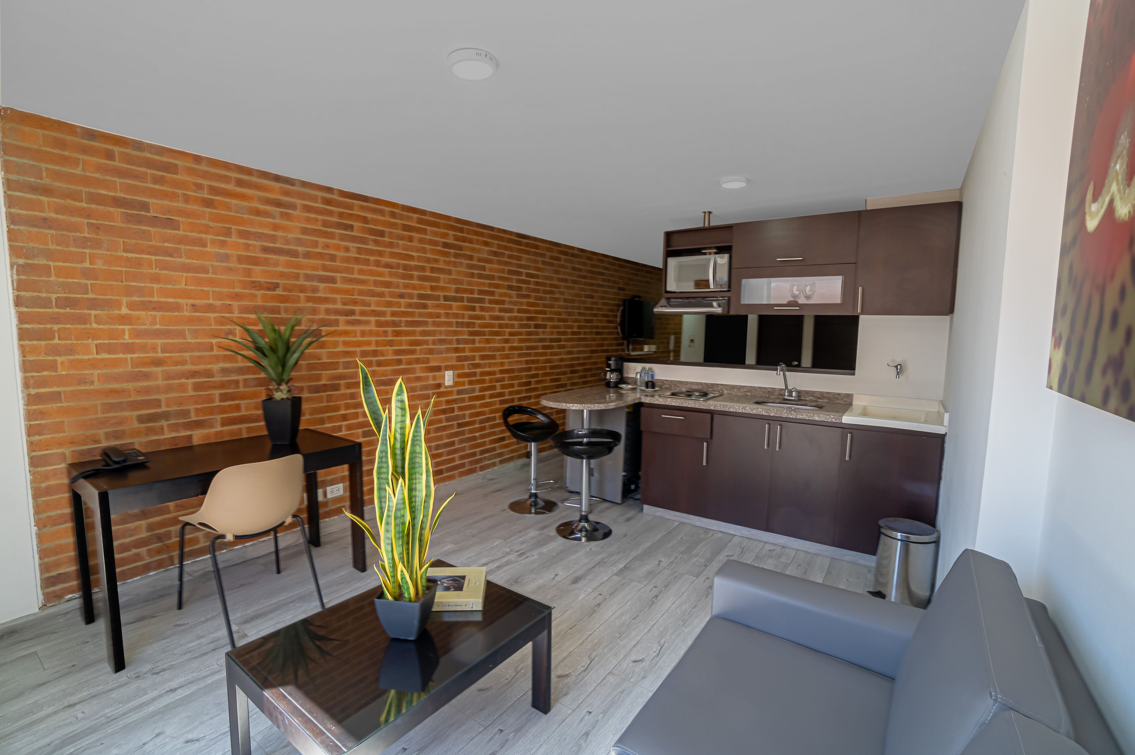 A compact living space with a kitchen, dining area, and seating.