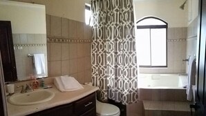 Une salle de bain équipée d’un lavabo, d’un miroir, de toilettes et d’un espace douche.