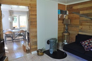 Televisio, takka, DVD-soitin, pöytätennispöytä