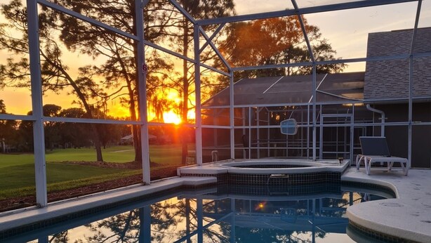 Une piscine offrant une vue dégagée sur le coucher de soleil.