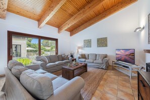 Flatscreentelevisie, een open haard en een dvd-speler