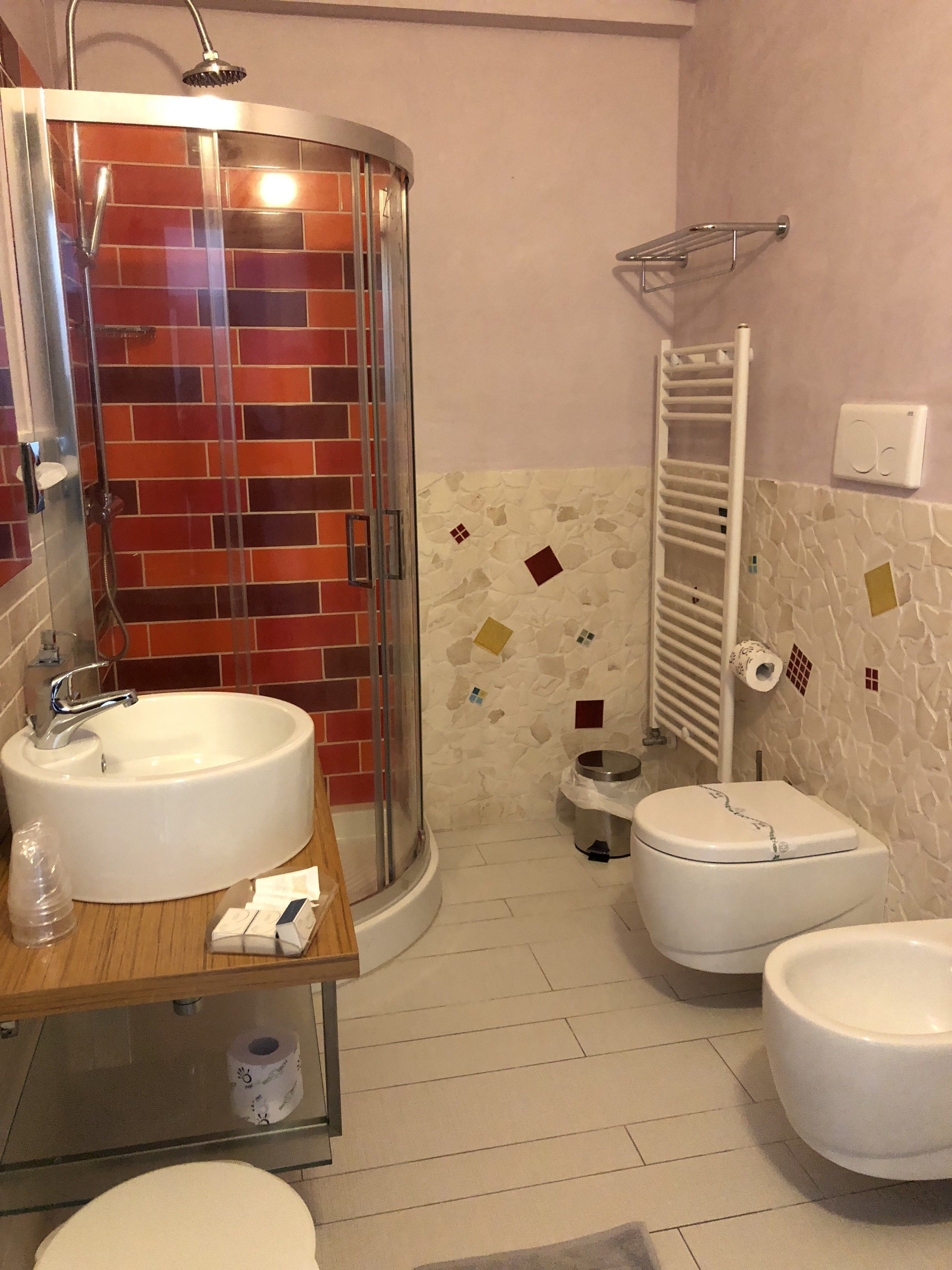 family room | bathroom | shower, free toiletries, bidet, towels