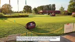 A golf course with a sign for U.S. Kids Golf, a 27-hole course near Montegrotto Terme, surrounded by the Euganean Hills.