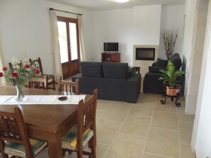 Televisión, chimenea, reproductor de DVD, mesa de ping pong