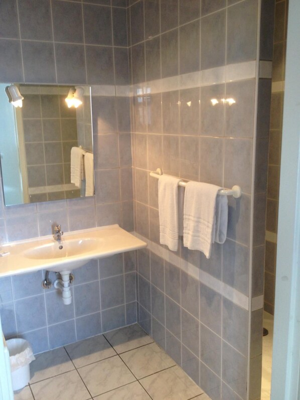 Une salle de bain avec un lavabo, un miroir et un porte-serviettes.