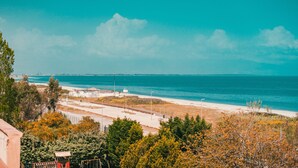 A coastal view with a beach, trees, and a clear sky.